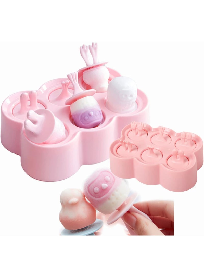 CLENEA Mini Popsicles Molds for Kids Baby, Cute Animal Shapes 6 Cavity Ice Pop Maker, BPA Free Silicone Ice Cream Making Homemade DIY Set, Reusable Ice Pop Molds, With Stick and Anti-drip, Pink - Image 1